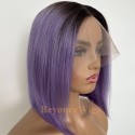 Brazilian virgin human hair 10inch rose purple color blunt cut bob T part wig--TP005