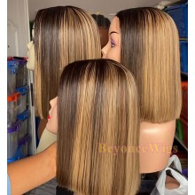 Human hair 12inch blonde highlights color blunt cut bob T part wig--TP002