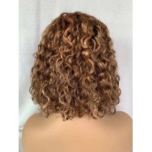 Middle parting 12" blunt Cut Curly Bob Highlight Remy Human Hair T-Part Wig-HC12