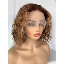 Middle parting 12" blunt Cut Curly Bob Highlight Remy Human Hair T-Part Wig-HC12