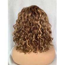 Side parting 12" blunt Cut Curly Bob Highlight Remy Human Hair T-Part Wig-HC12