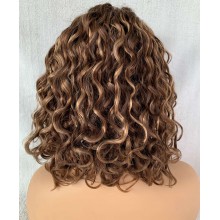 Middle parting 14" blunt Cut Curly Bob Highlight Remy Human Hair T-Part Wig-TC14