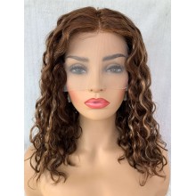 Middle parting 16" blunt Cut Curly Bob Highlight Remy Human Hair T-Part Wig-TC16