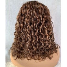 Middle parting 16" blunt Cut Curly Bob Highlight Remy Human Hair T-Part Wig-TC16