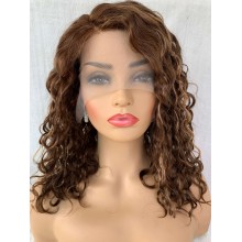 Side parting 16" blunt Cut Curly Bob Highlight Remy Human Hair T-Part Wig-TC16