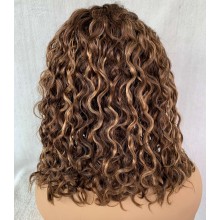 Side parting 16" blunt Cut Curly Bob Highlight Remy Human Hair T-Part Wig-TC16