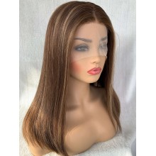 Human hair 16" blonde highlights color middle parting blunt cut bob T part wig--TS16