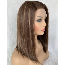 Human hair 14" blonde highlights color side parting blunt cut bob T part wig--TS14