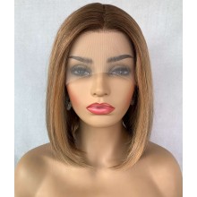 Human hair 12" blonde highlights color middle parting blunt cut bob T part wig--HS12