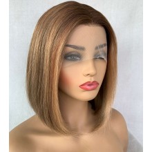 Human hair 12" blonde highlights color middle parting blunt cut bob T part wig--HS12